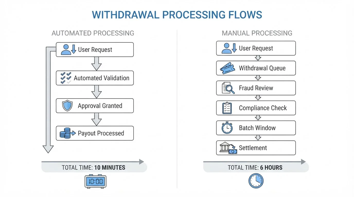 Diagram showing automated versus manual casino withdrawal processing flow