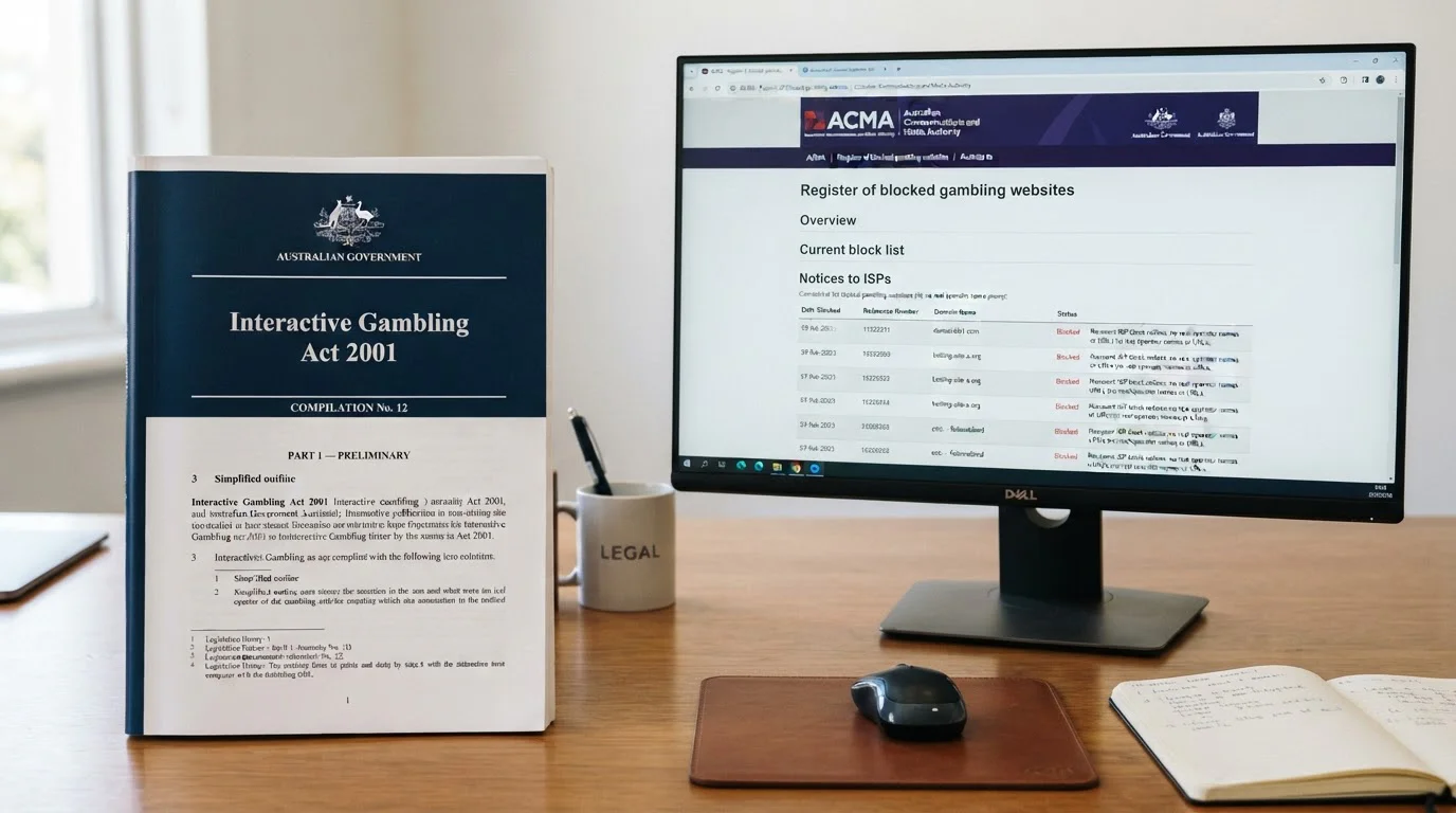 Interactive Gambling Act document and ACMA ISP block notice side by side