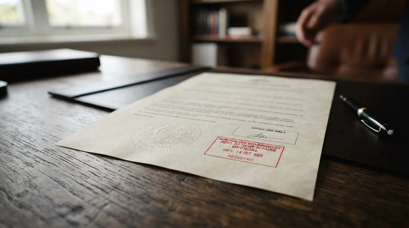 Official Australian government document with visible stamp and seal on dark wood desk
