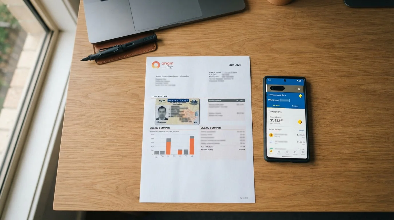 Desk with Australian driver licence, utility bill, and smartphone showing banking app for KYC verification