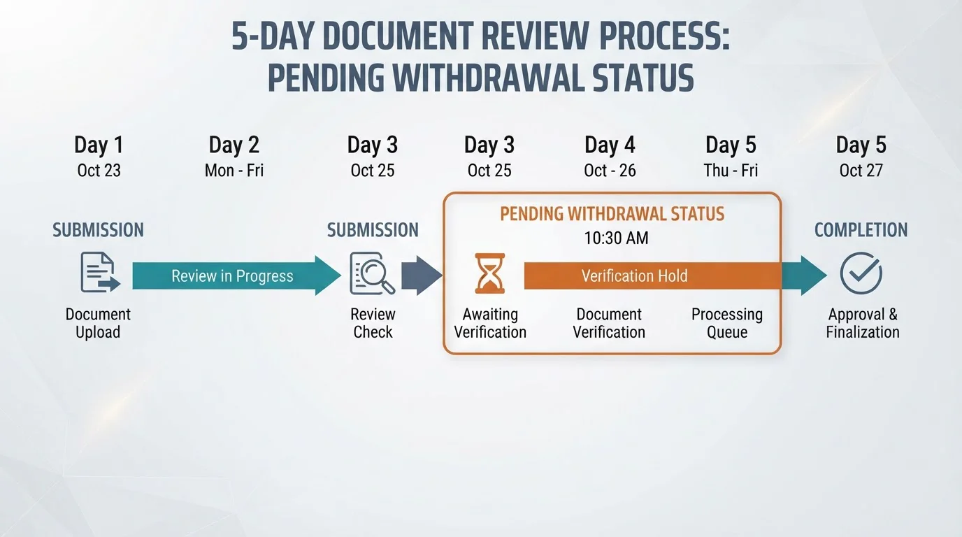 Timeline showing A$5000 pokies win frozen in pending status for five days during document review at soft-KYC operator