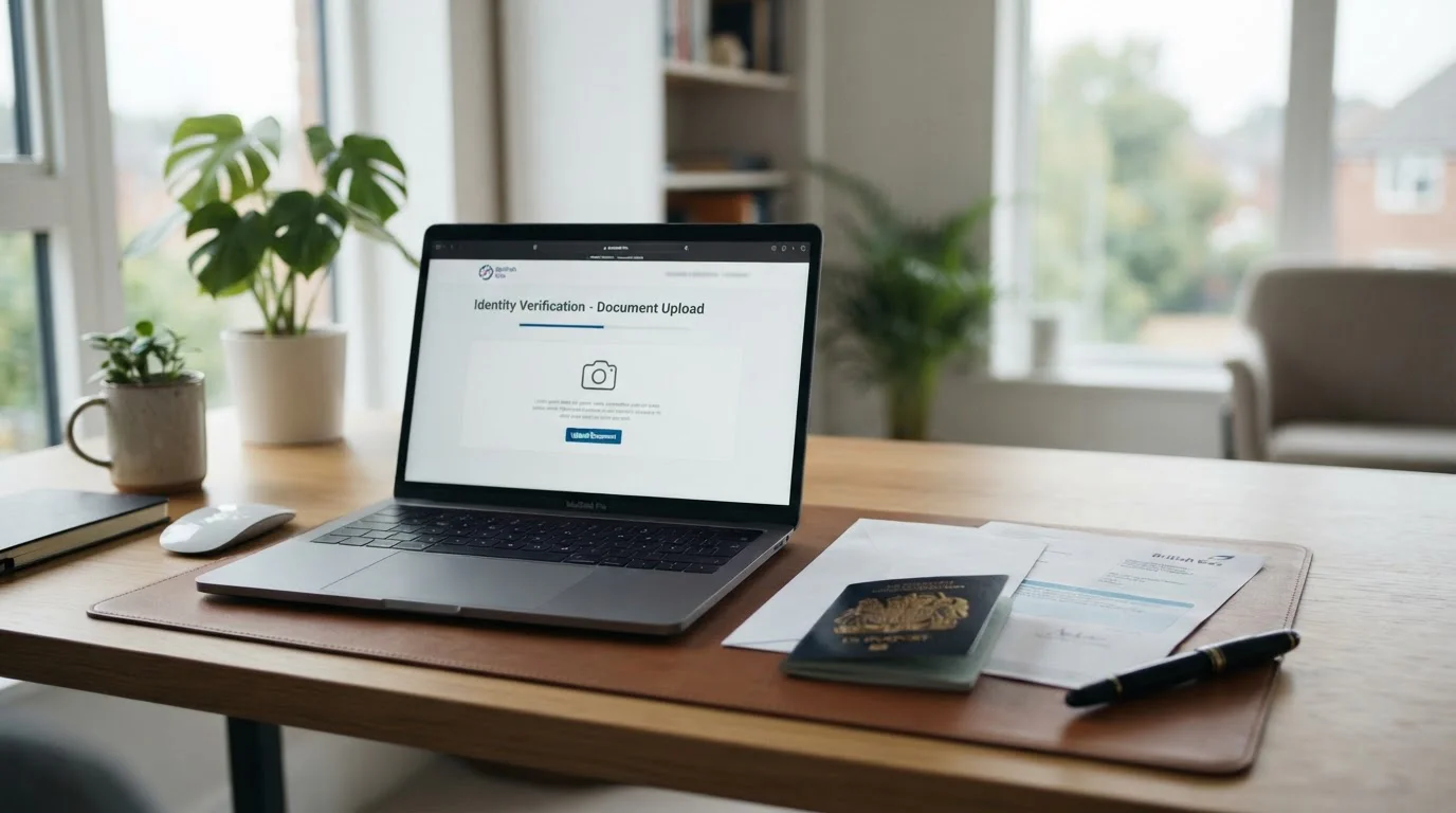 KYC verification documents on desk with laptop