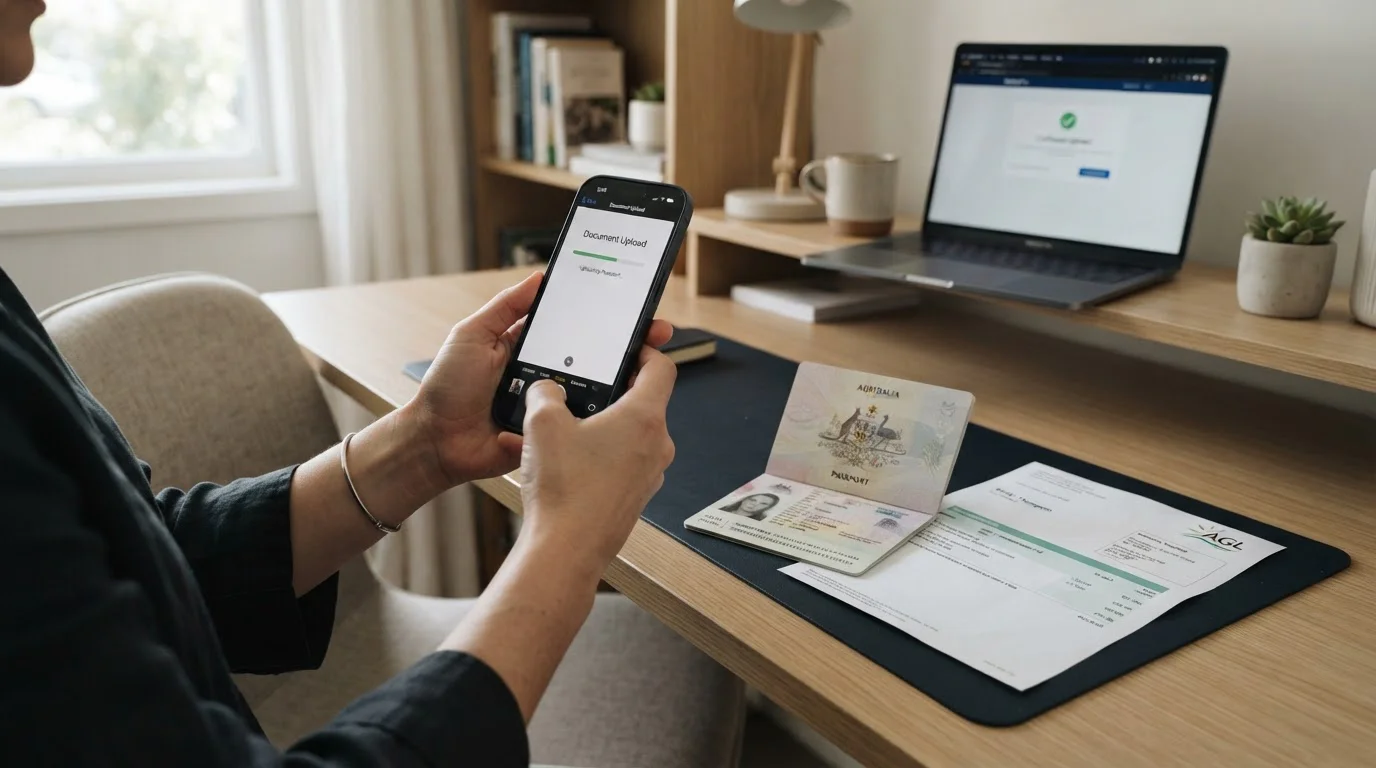 Person uploading verification documents on smartphone with passport and utility bill nearby