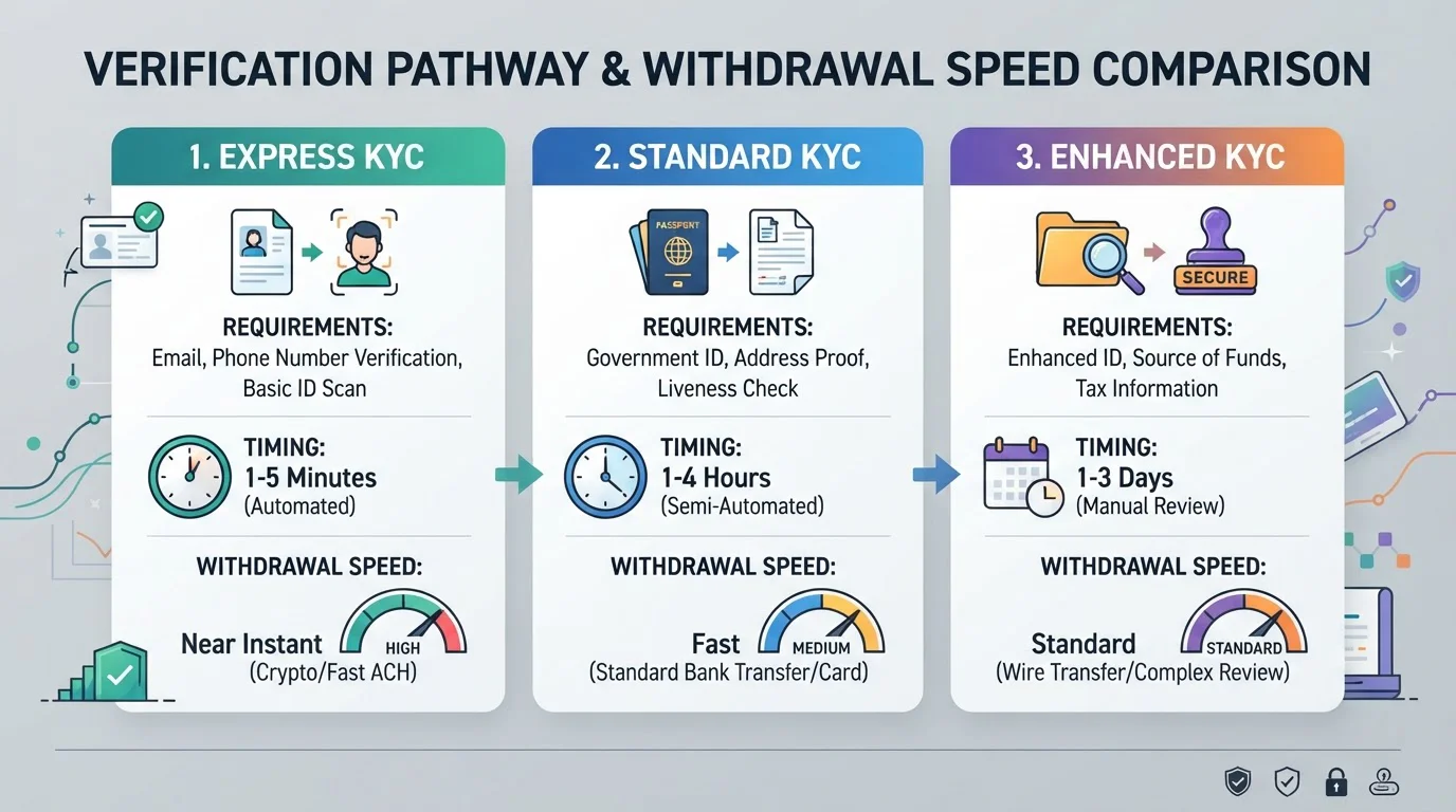 Comparison diagram showing three KYC verification models with timing and withdrawal speed differences