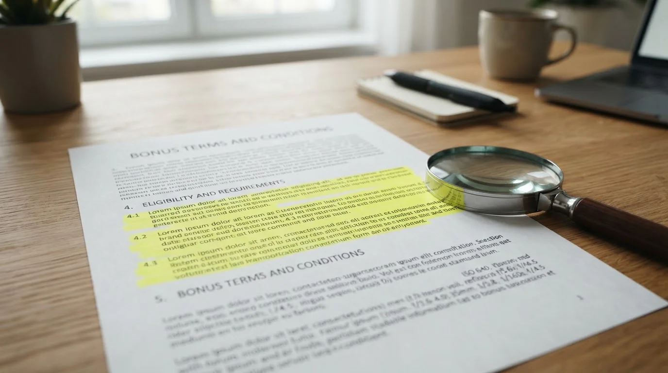 Document showing bonus terms with wagering requirement highlighted