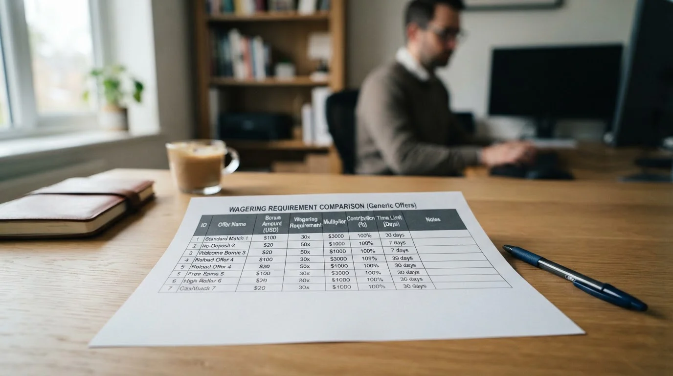 Comparison chart showing wagering requirements across different bonus types