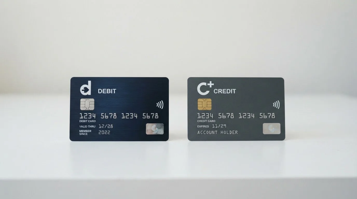 Mastercard debit and credit cards side by side on desk with calculator displaying transaction fee