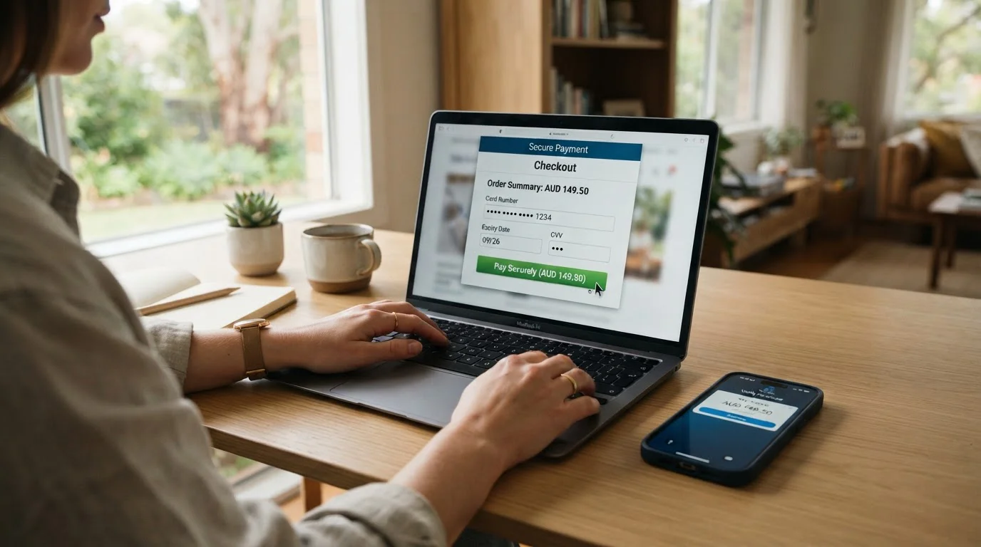 Person completing online payment on laptop with smartphone showing authentication notification