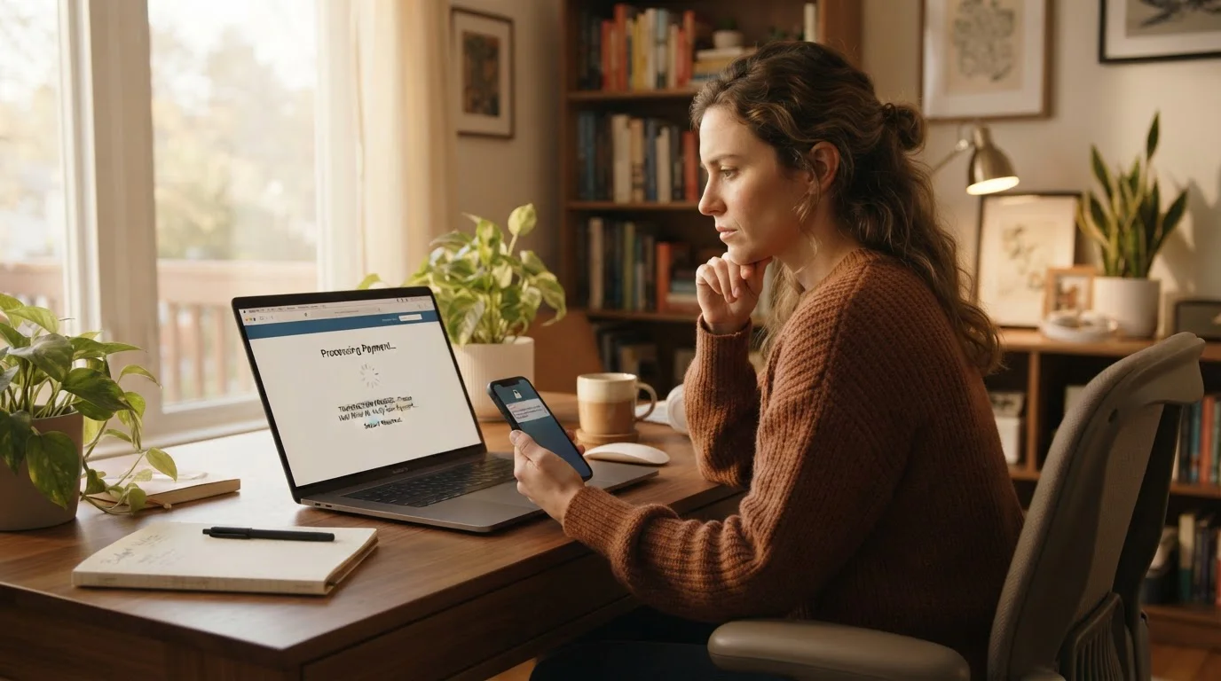 Person at desk looking at laptop screen showing transaction pending message with smartphone in hand