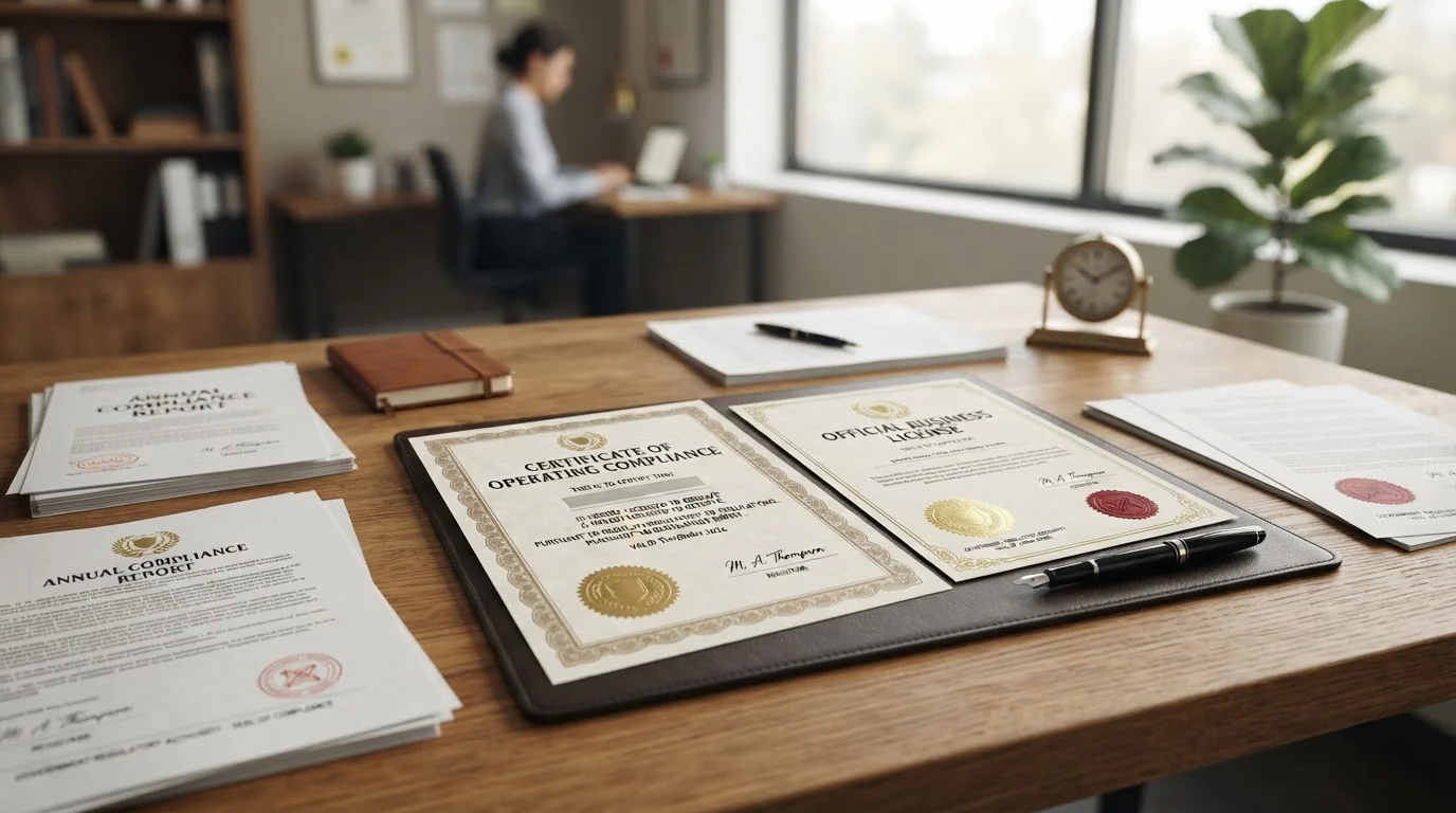 Official licensing documents from Malta Gaming Authority and Curacao Gaming Control Board on desk
