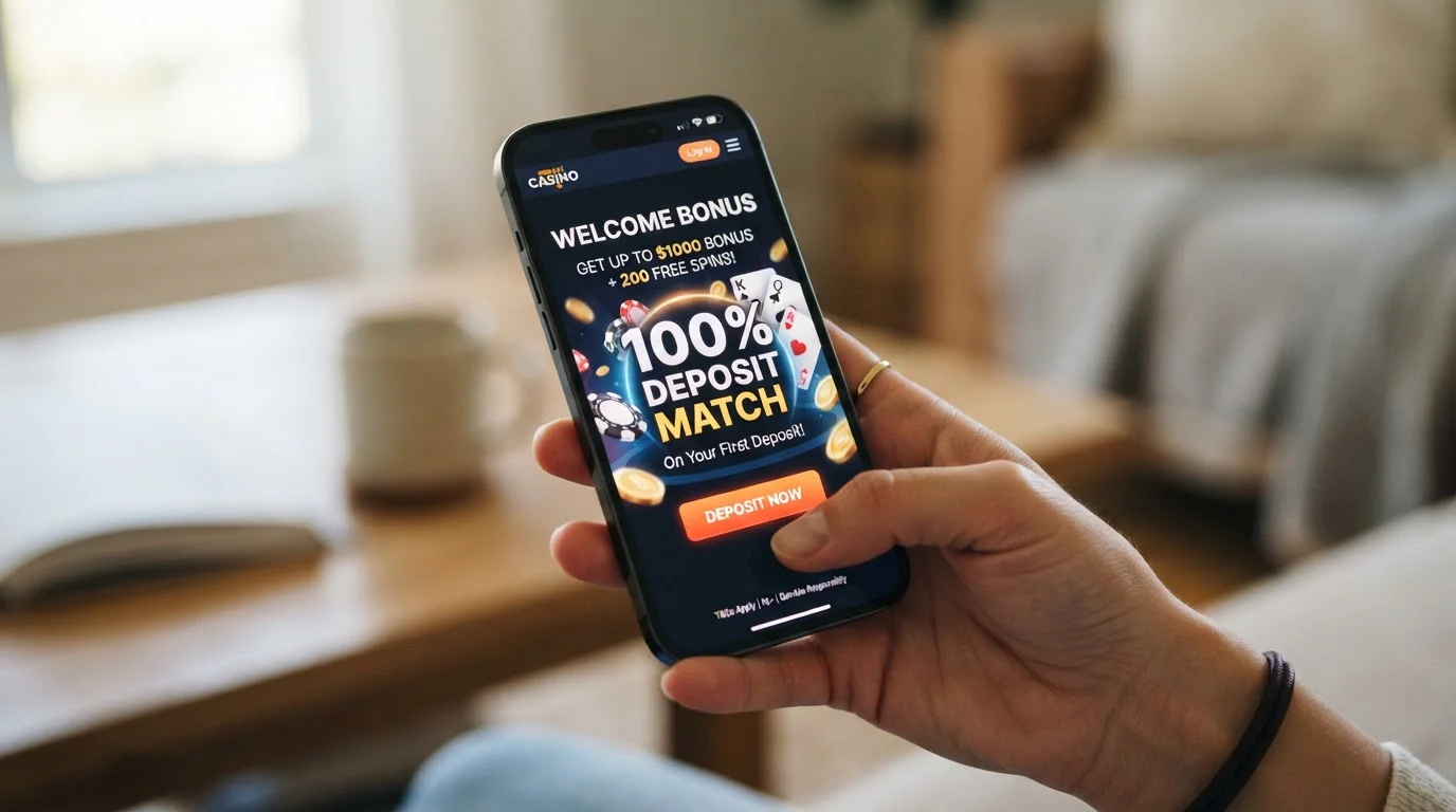 Smartphone displaying casino welcome bonus offer with deposit match percentage visible