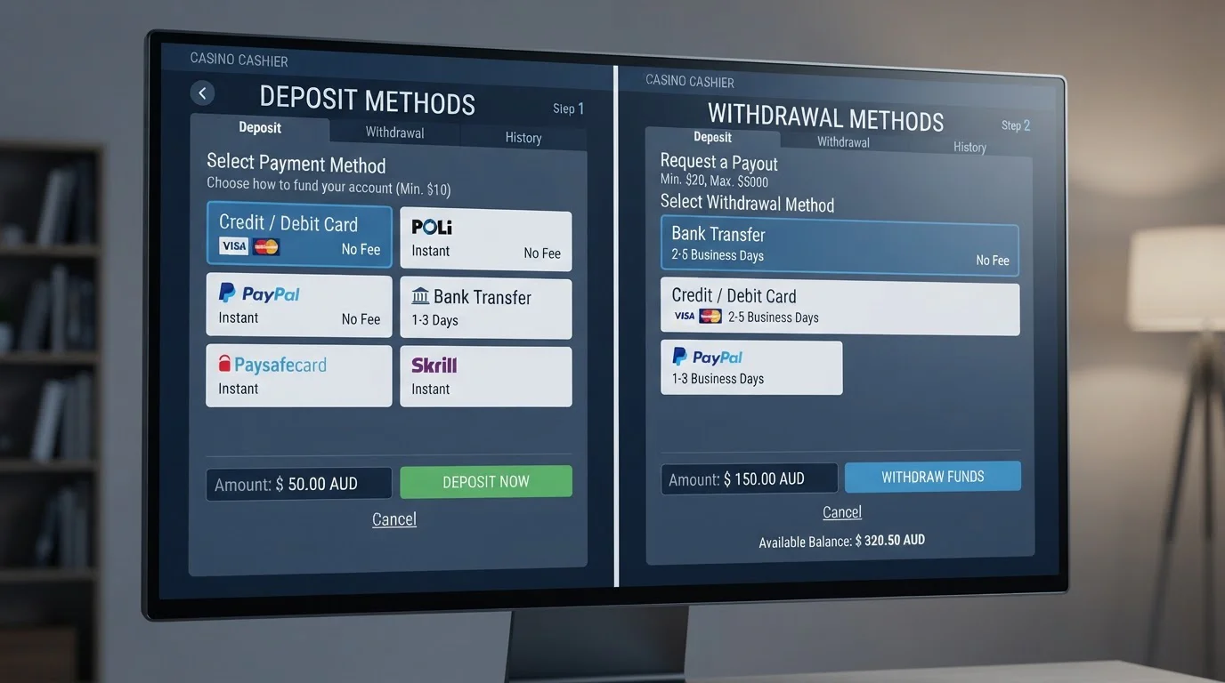 Comparison table showing deposit and withdrawal methods across multiple casino cashier interfaces
