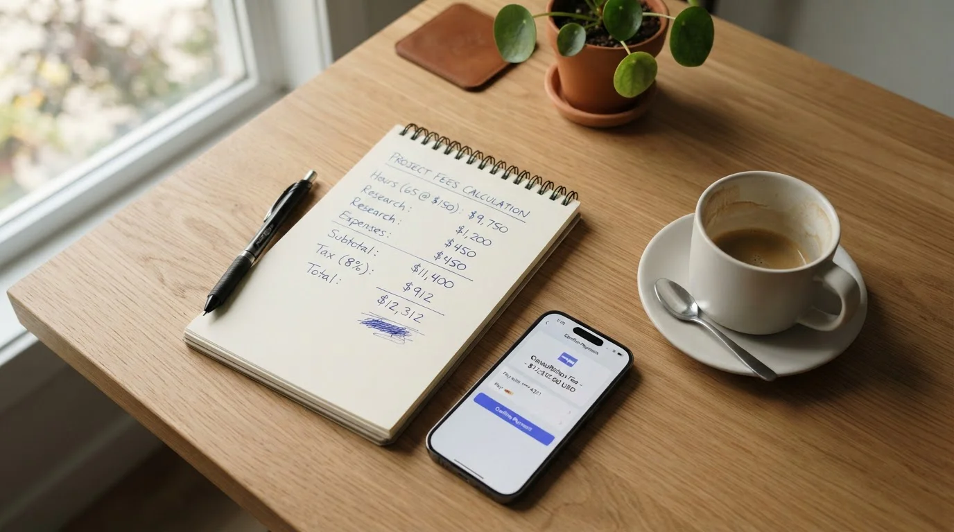 Desktop calculator next to notepad showing fee breakdown calculations for different withdrawal methods