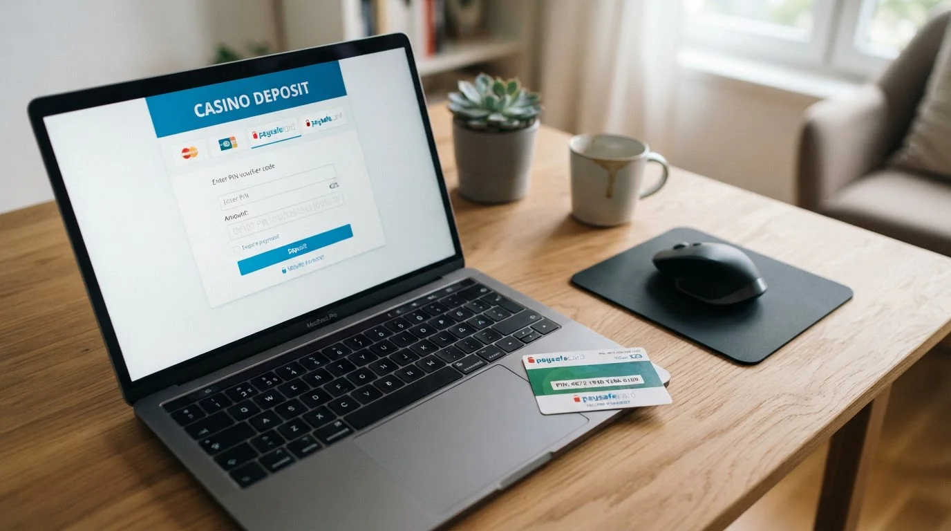 Clean desk with laptop showing casino deposit interface and single Paysafecard voucher