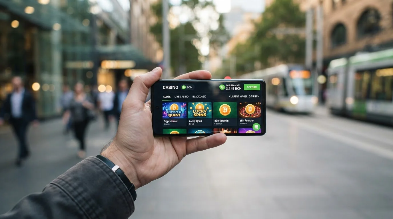 Mobile phone displaying cryptocurrency casino interface with Bitcoin Cash balance