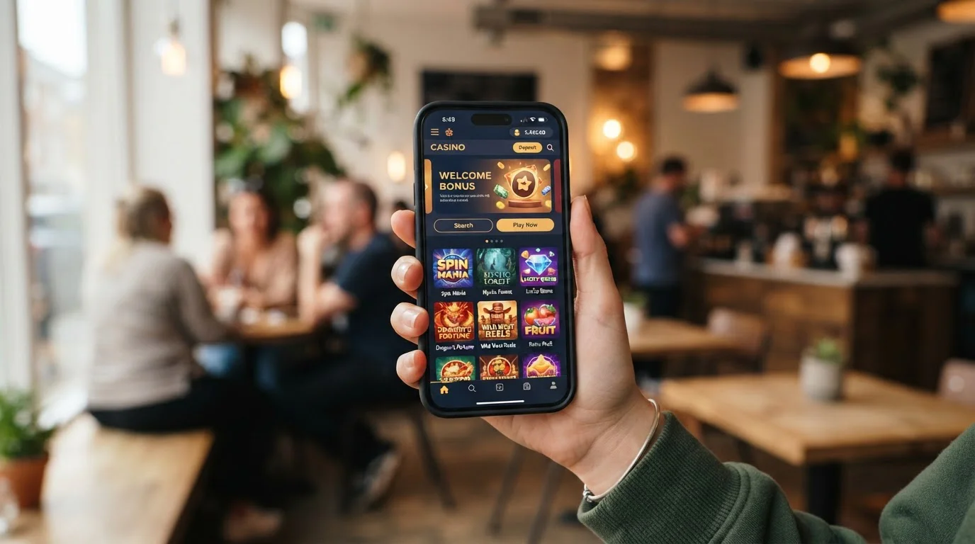 Hand holding smartphone showing mobile casino interface in cafe