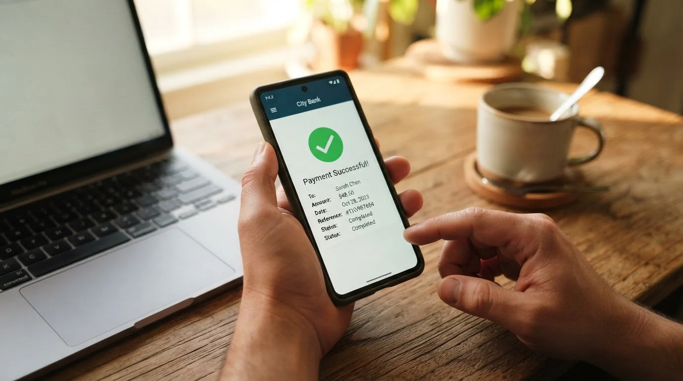 Smartphone displaying casino deposit screen with PayID transfer confirmation from Australian banking app