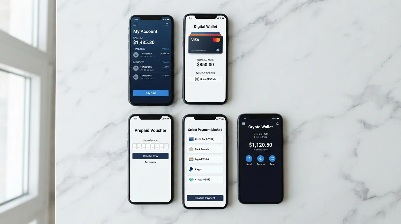 Comparison grid showing PayID, Apple Pay, Google Pay, Neosurf voucher, and Bitcoin wallet on smartphone screens