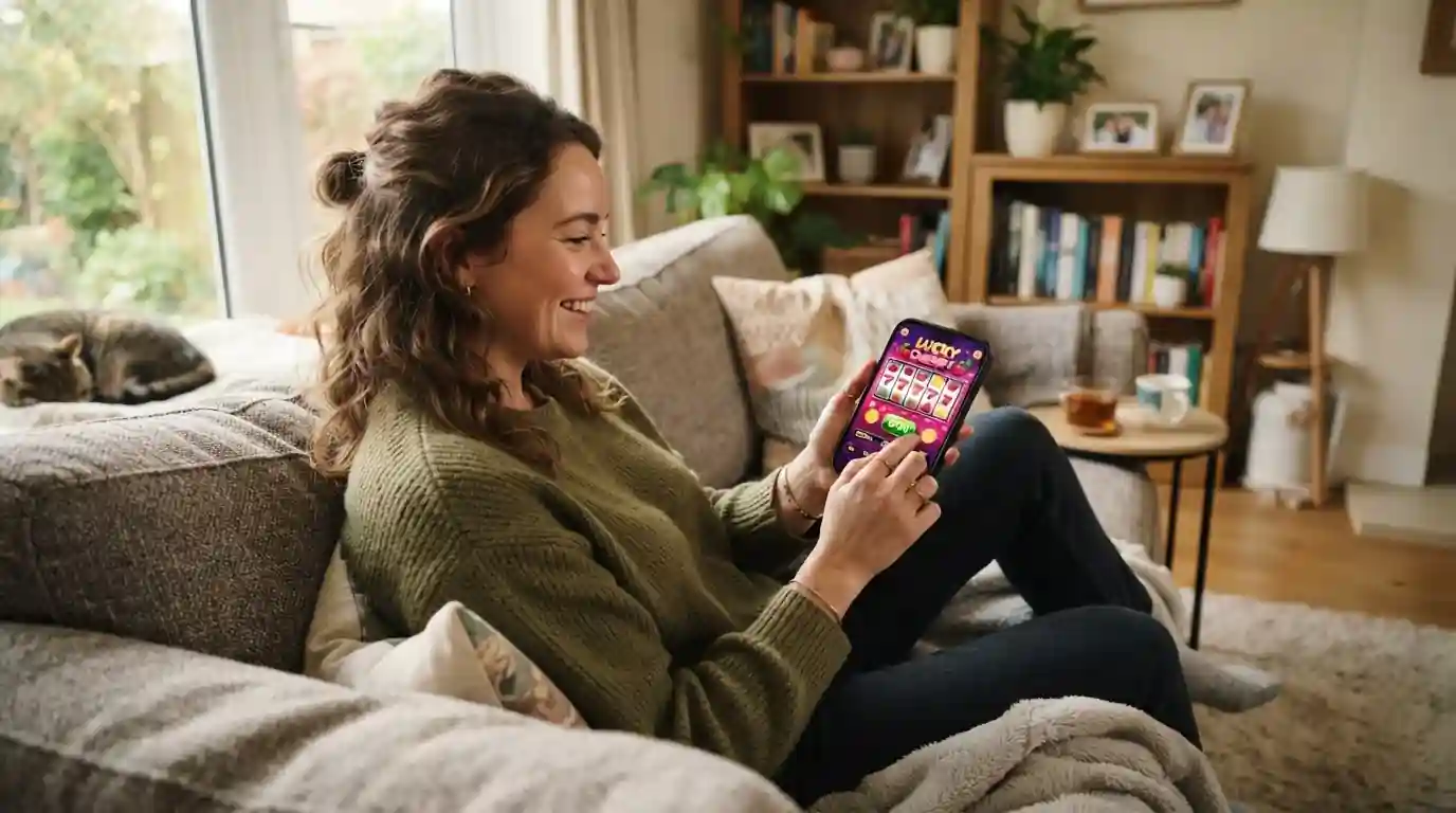 Person playing mobile pokies on smartphone in casual setting