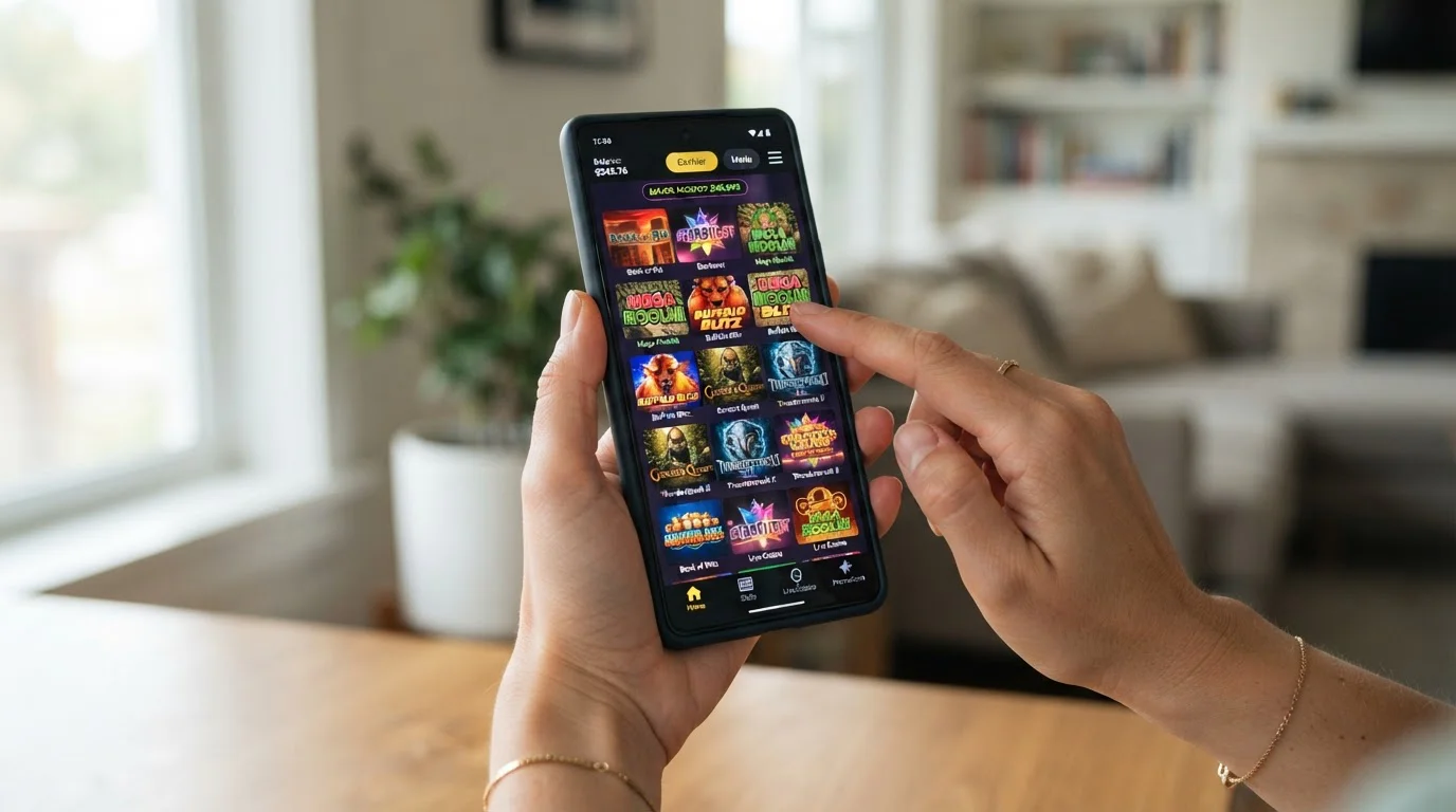 Hand holding smartphone showing mobile casino lobby in portrait mode