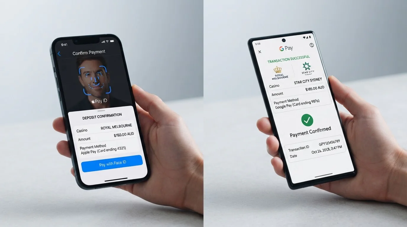 Split-screen image showing casino deposits via mobile wallets: left half shows an iPhone with Apple Pay interface completing a casino deposit with Face ID authentication visible, right half shows an Android phone with Google Pay confirming a transaction, both screens display AUD amounts