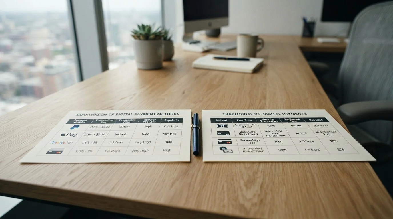 Side-by-side comparison of payment methods showing speed and fees