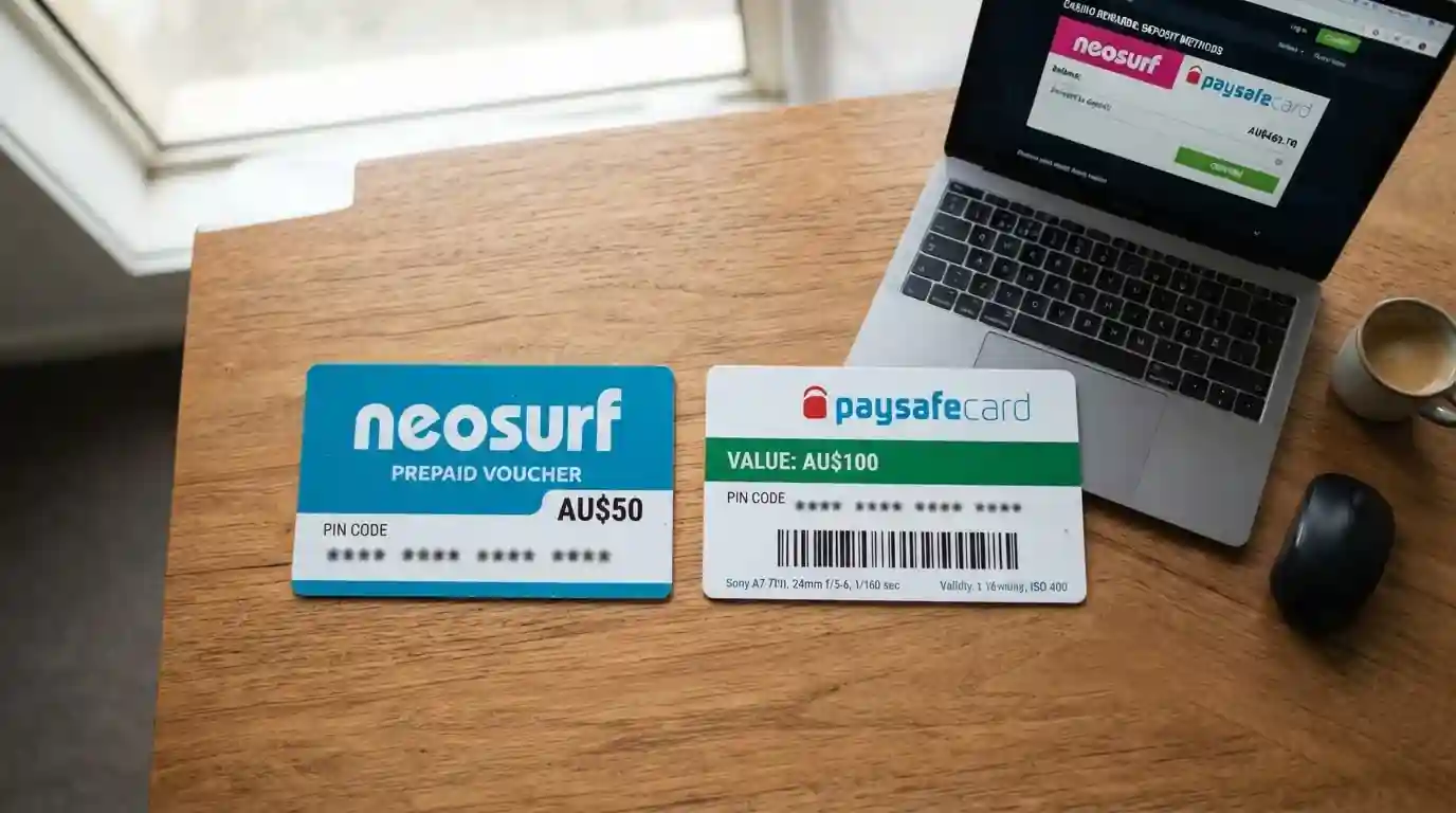 Flat lay photograph of two prepaid voucher cards on a wooden desk surface: Neosurf voucher card with blue branding and Paysafecard with distinctive green-blue design, both cards show 16-digit PIN codes (blurred for privacy) with AUD denominations visible