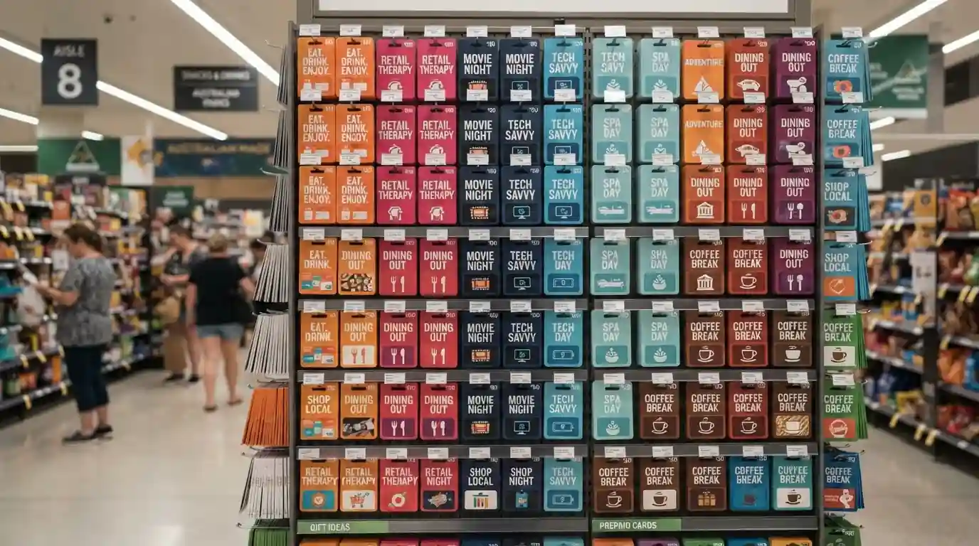 Coles supermarket gift card wall display with prepaid vouchers