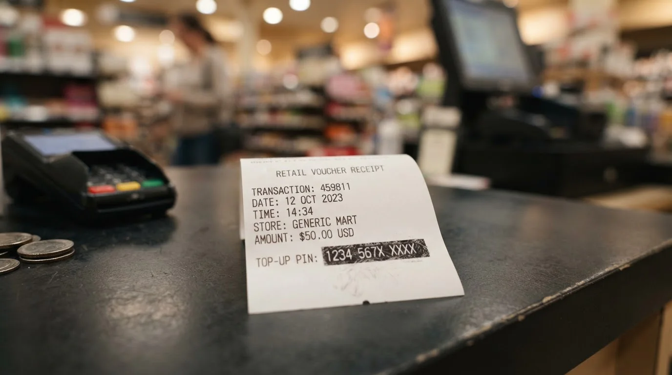 Neosurf prepaid voucher receipt with PIN code at retail counter