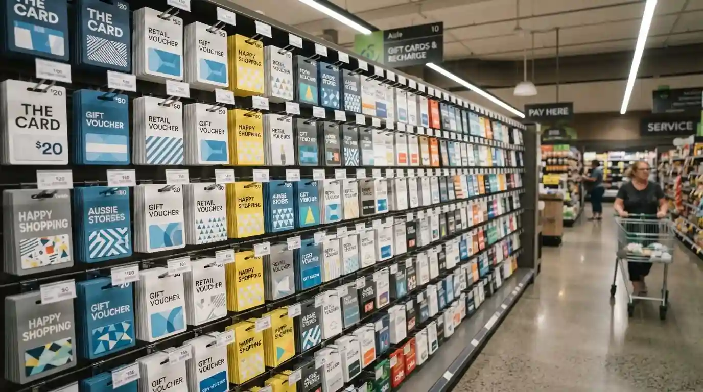 Coles gift card display wall showing Neosurf prepaid vouchers next to other retail cards