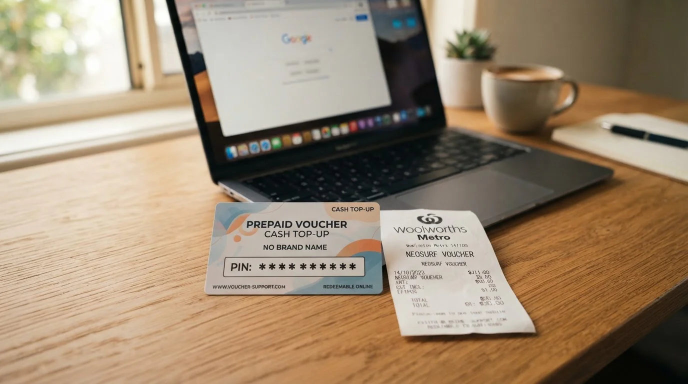Neosurf prepaid voucher card on desk beside laptop with 10-digit PIN area visible