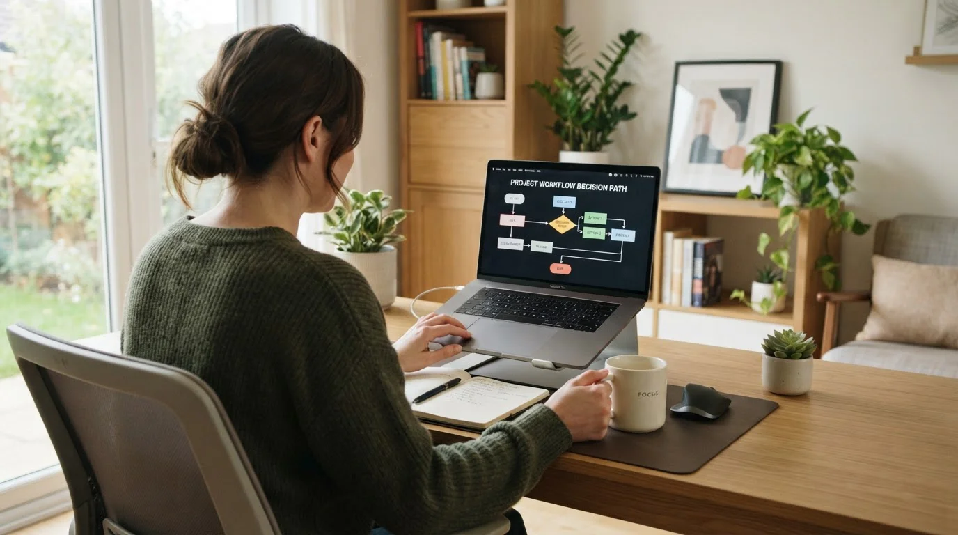Person at laptop with withdrawal options flowchart displayed on screen