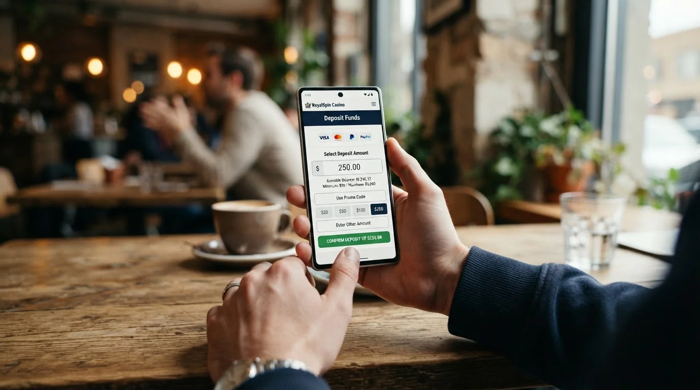 Person reviewing casino deposit limits on mobile phone screen