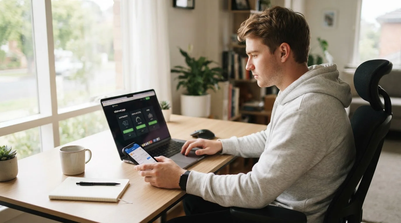 Australian player reviewing offshore casino withdrawal options on laptop with crypto wallet and PayID interface visible