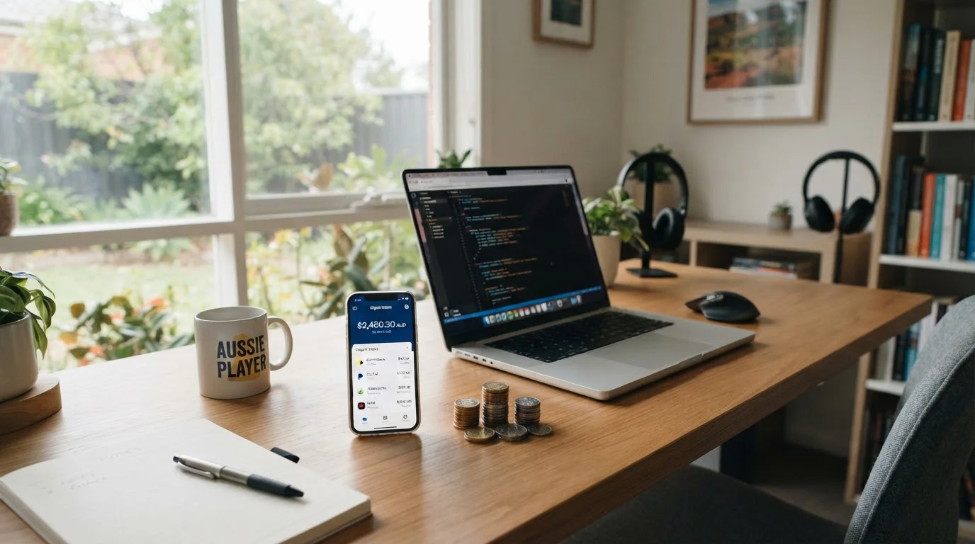 Australian player's desk with smartphone showing digital wallet and laptop ready for small deposit