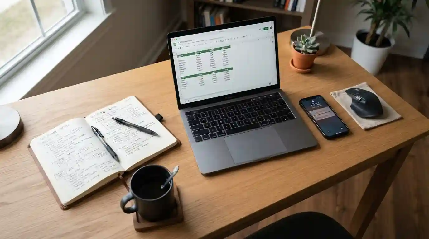 Workspace with laptop showing casino comparison spreadsheet and notebook with handwritten notes