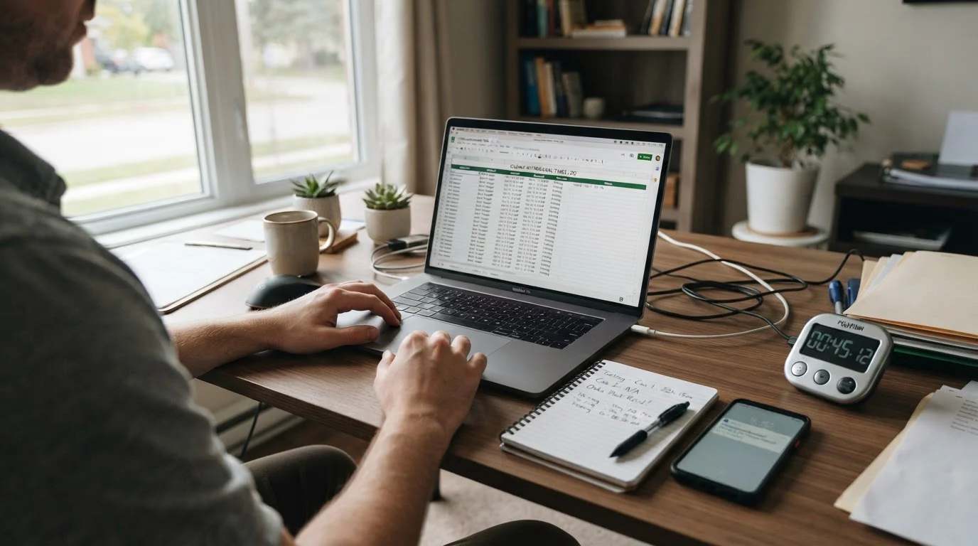 Professional casino testing workspace with laptop and timing documentation