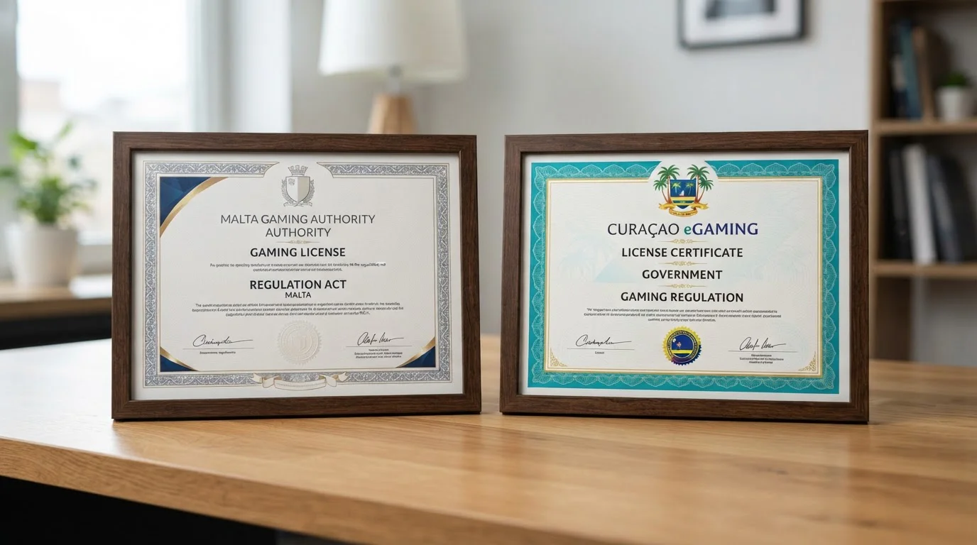 Comparison of offshore casino licences showing Malta Gaming Authority and Curacao eGaming certificates