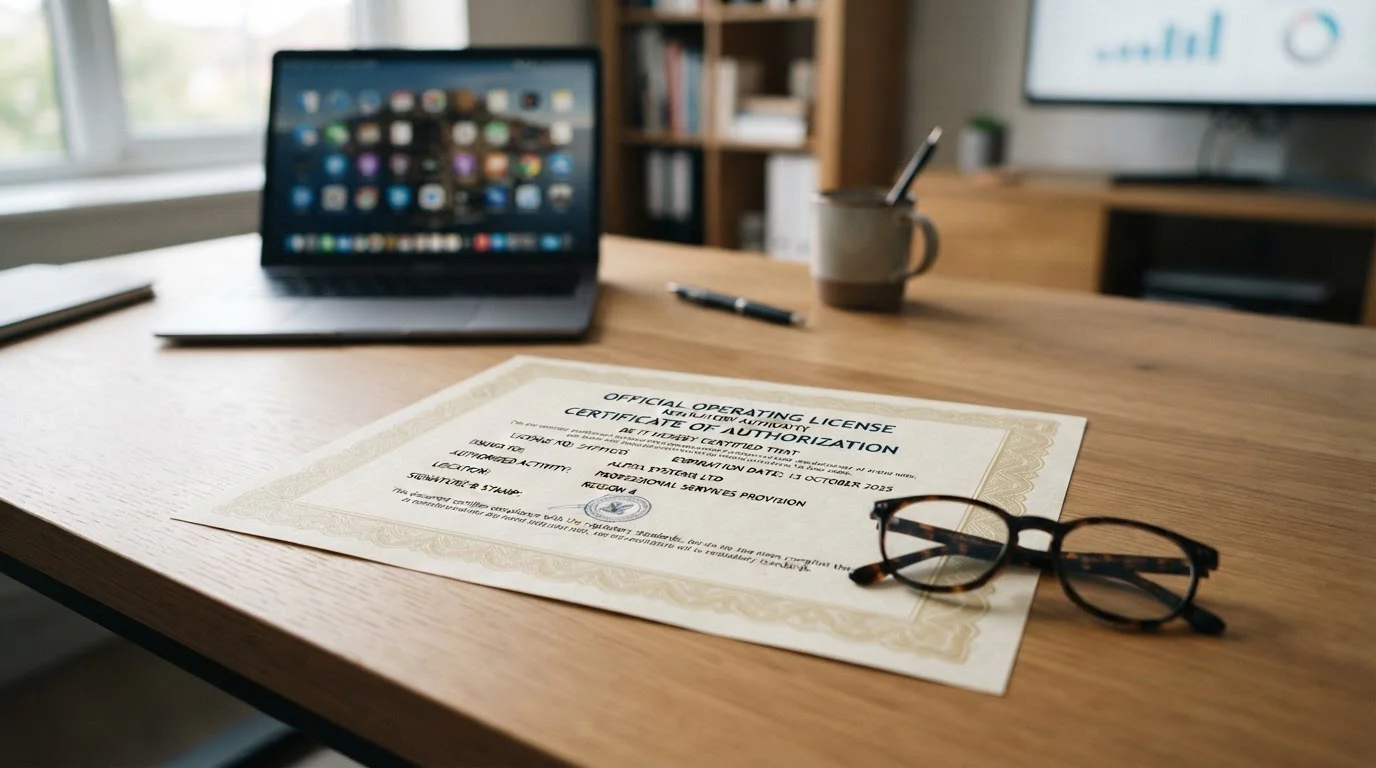 Licence certificate document on desk with reading glasses