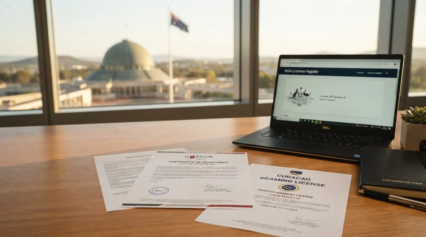 Official regulatory documents and licence certificates on desk with Parliament House in background