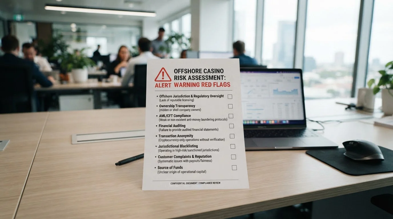 Warning sign document with offshore casino red flags checklist