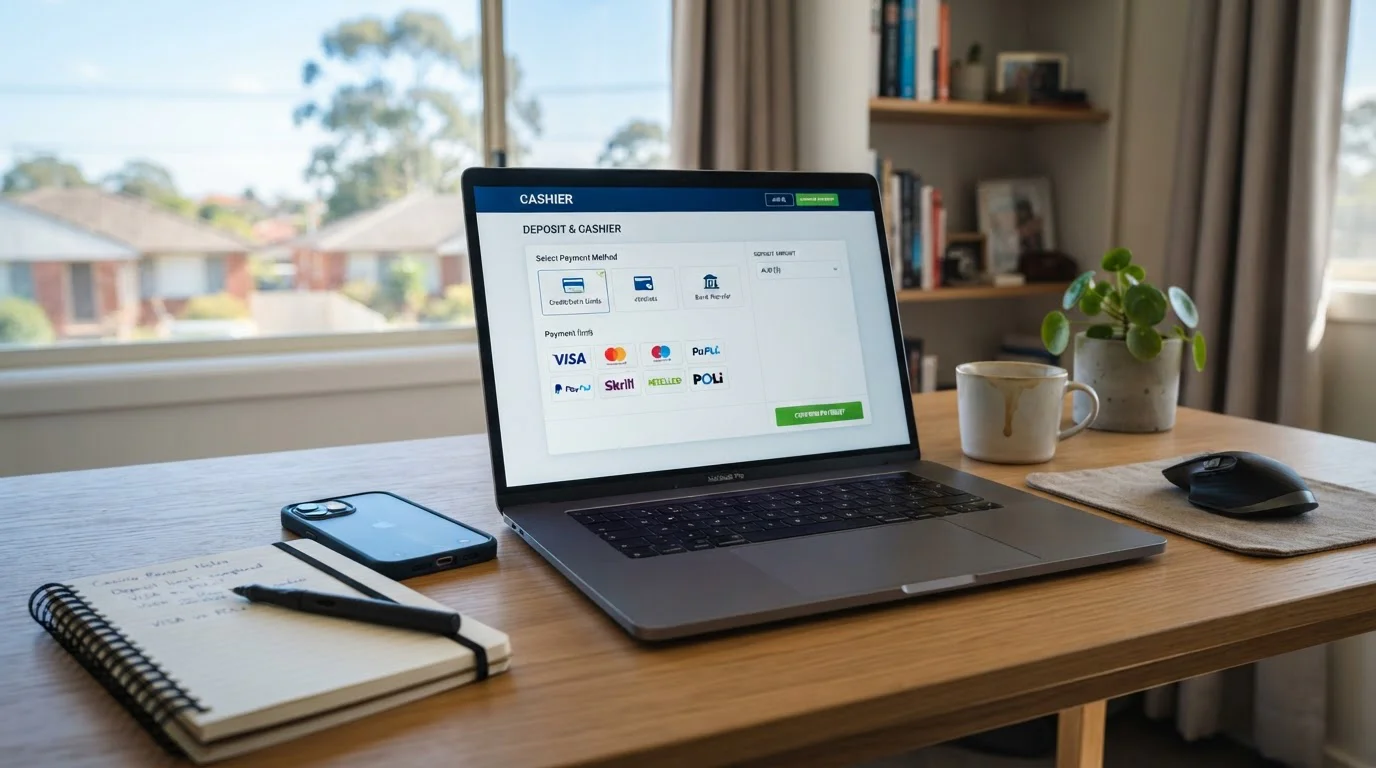 Laptop displaying offshore casino cashier page with Visa and Mastercard logos prominent