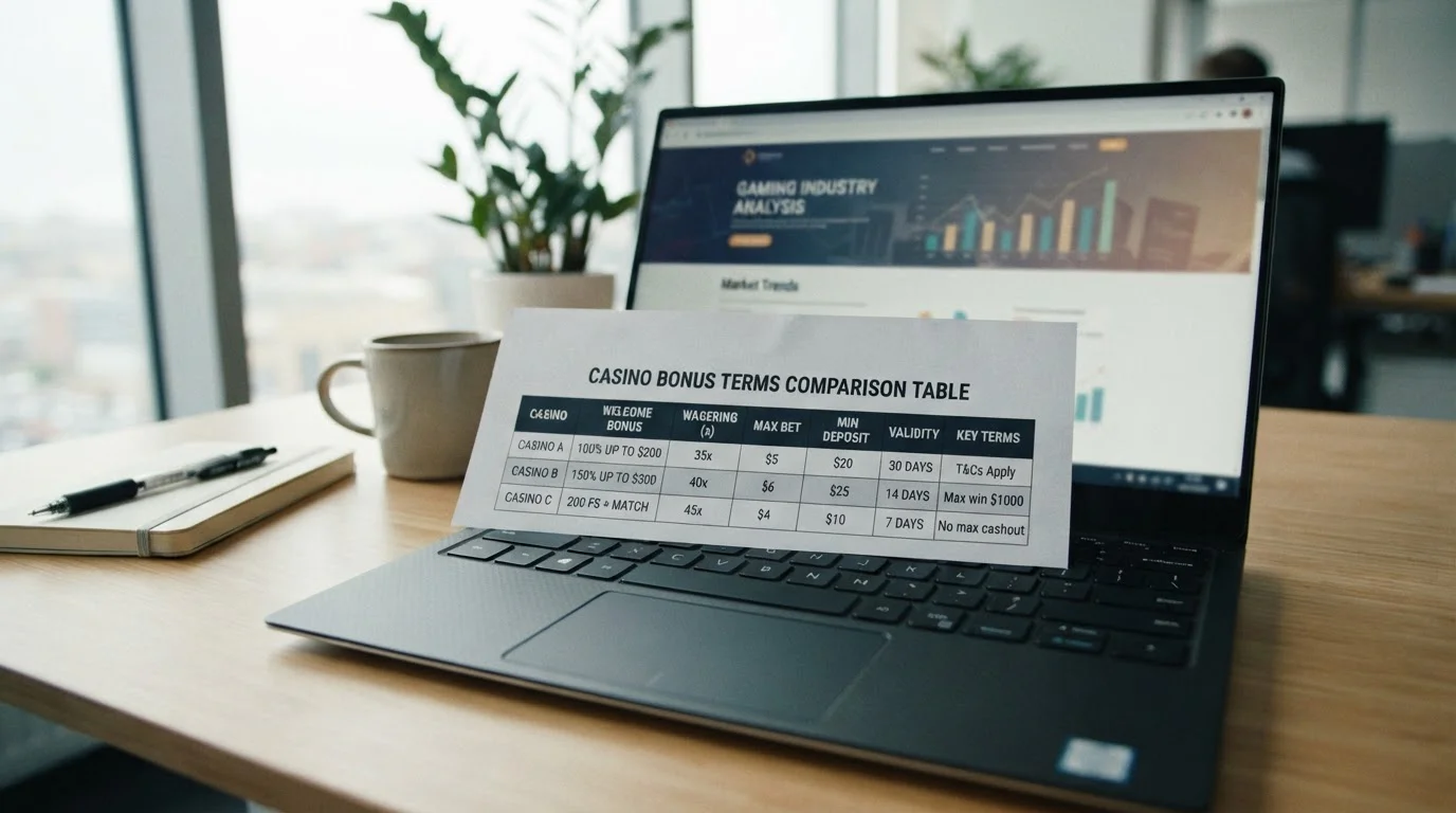 Comparison document with offshore casino bonus terms and licensing details on laptop screen