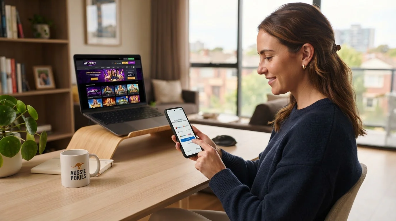 Australian pokies player using smartphone with e-wallet payment app at clean desk