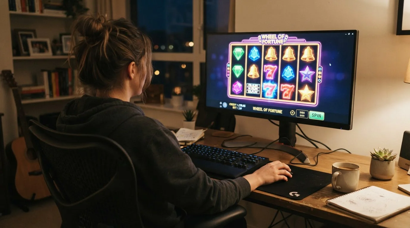 Over-shoulder view of person playing generic online slot machine with colorful reels on computer screen