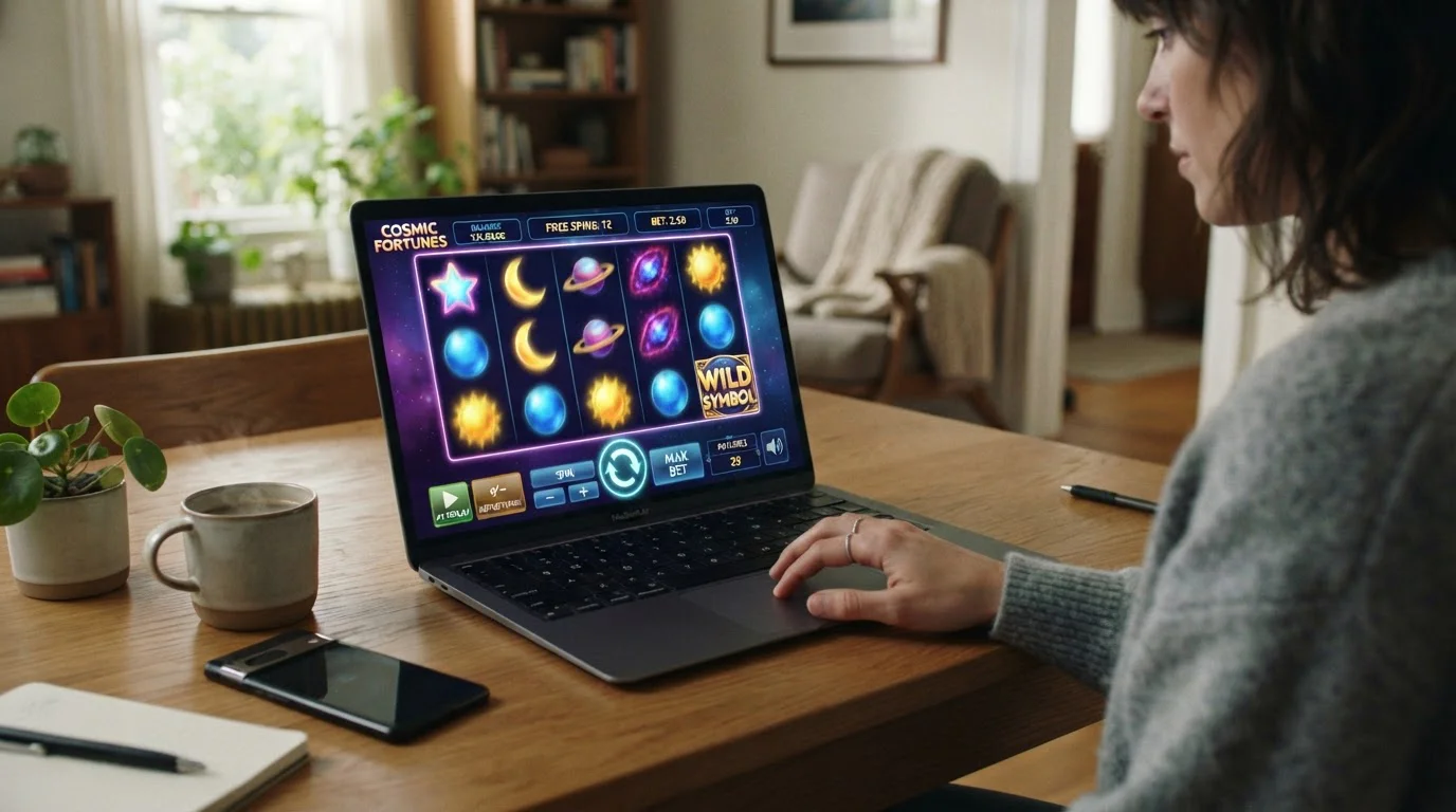 Laptop screen showing generic slot game reels with colorful symbols