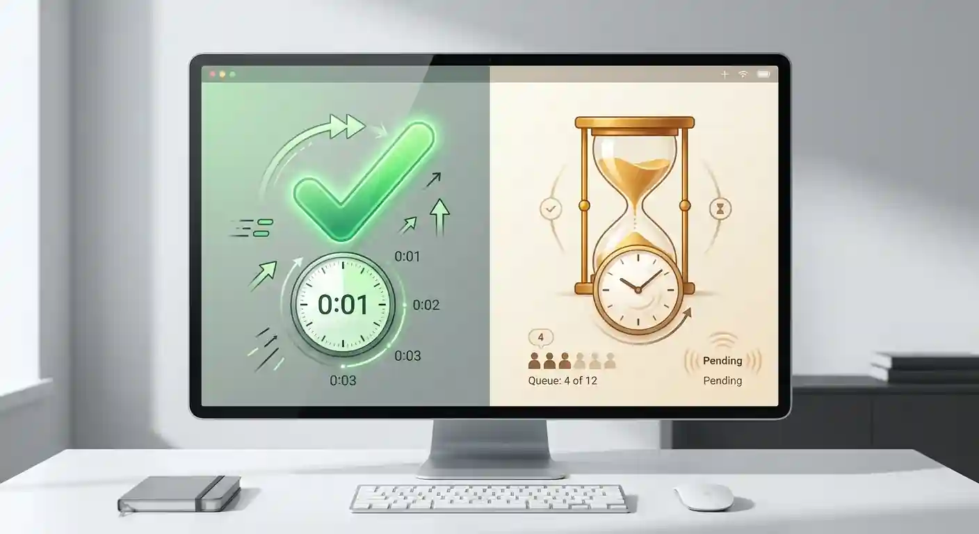 Split-screen showing instant deposit confirmation versus delayed withdrawal approval queue