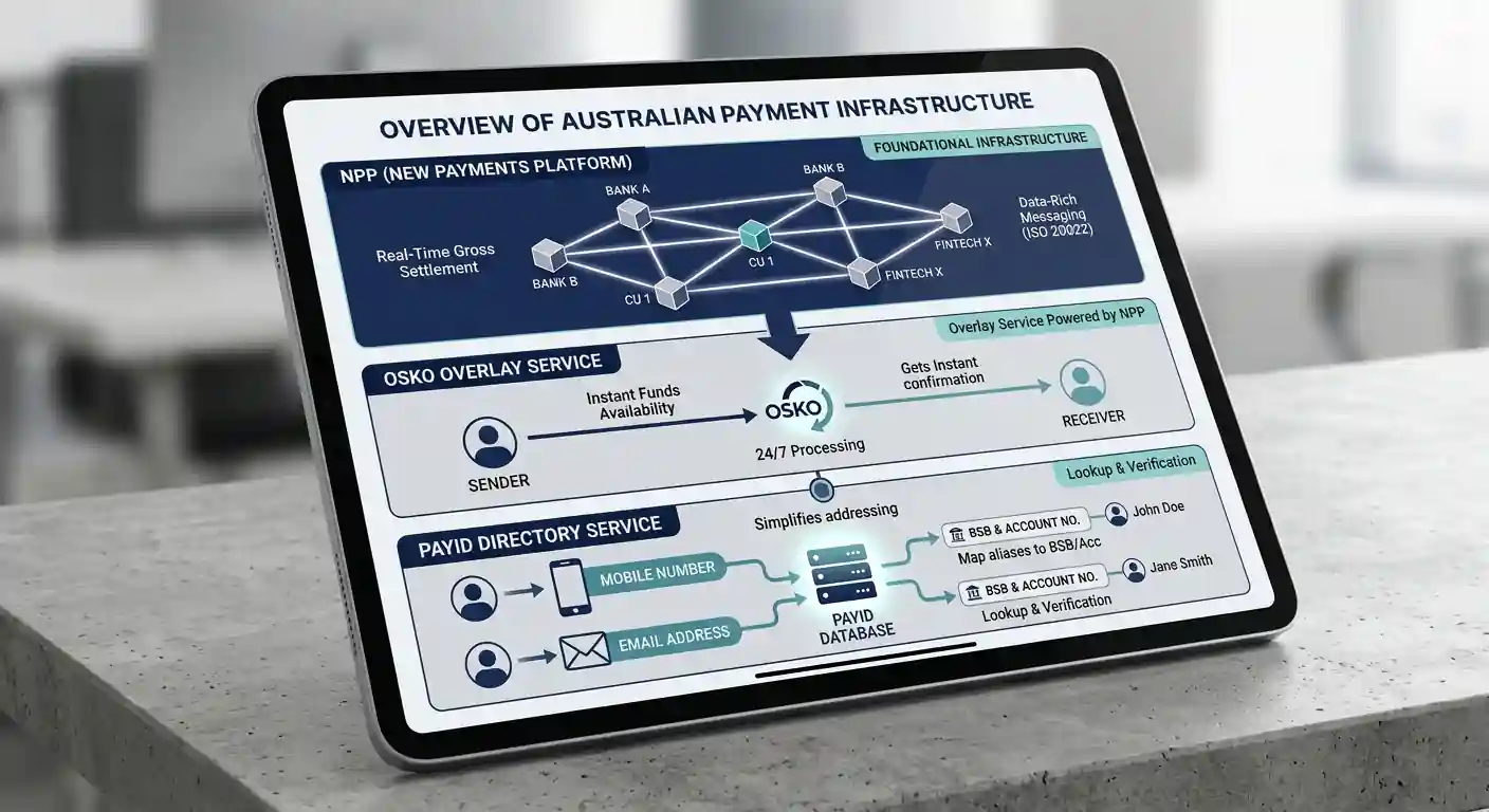 Diagram showing NPP infrastructure with Osko overlay and PayID directory layers