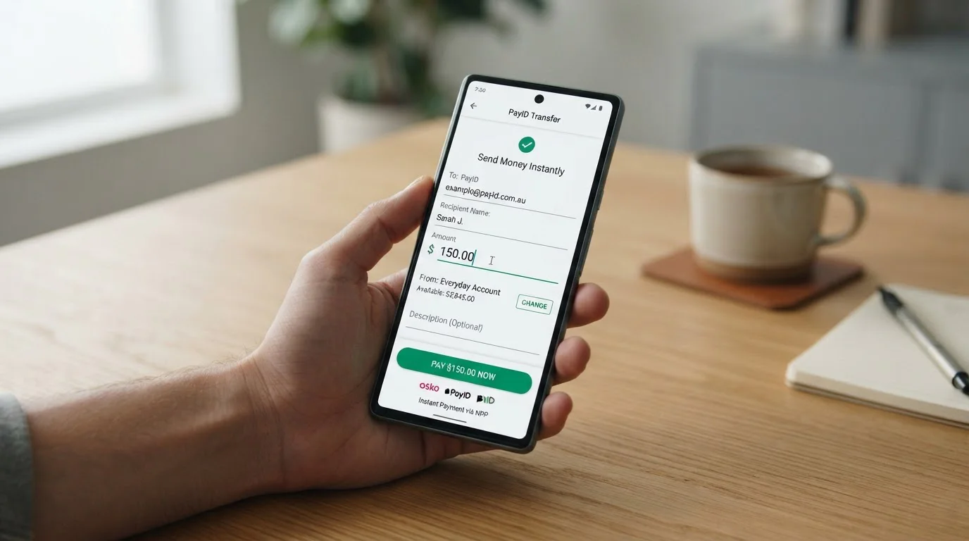 Australian banking app showing PayID instant transfer interface