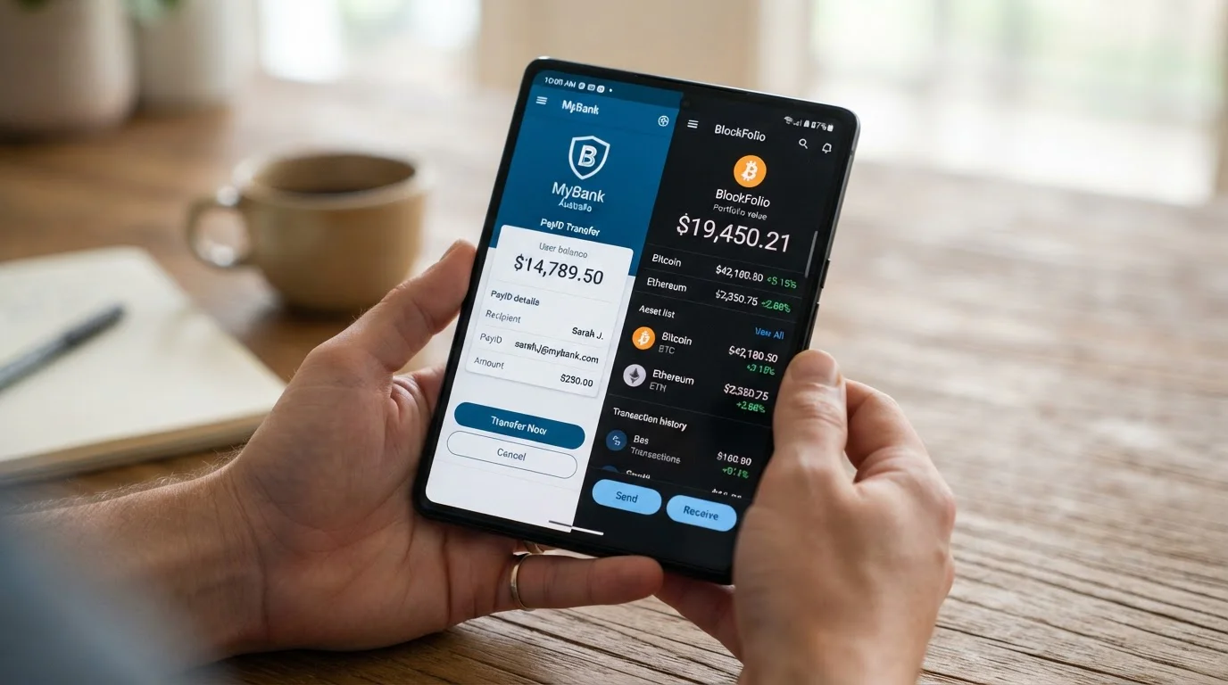 Smartphone displaying PayID and cryptocurrency wallet apps for casino withdrawals
